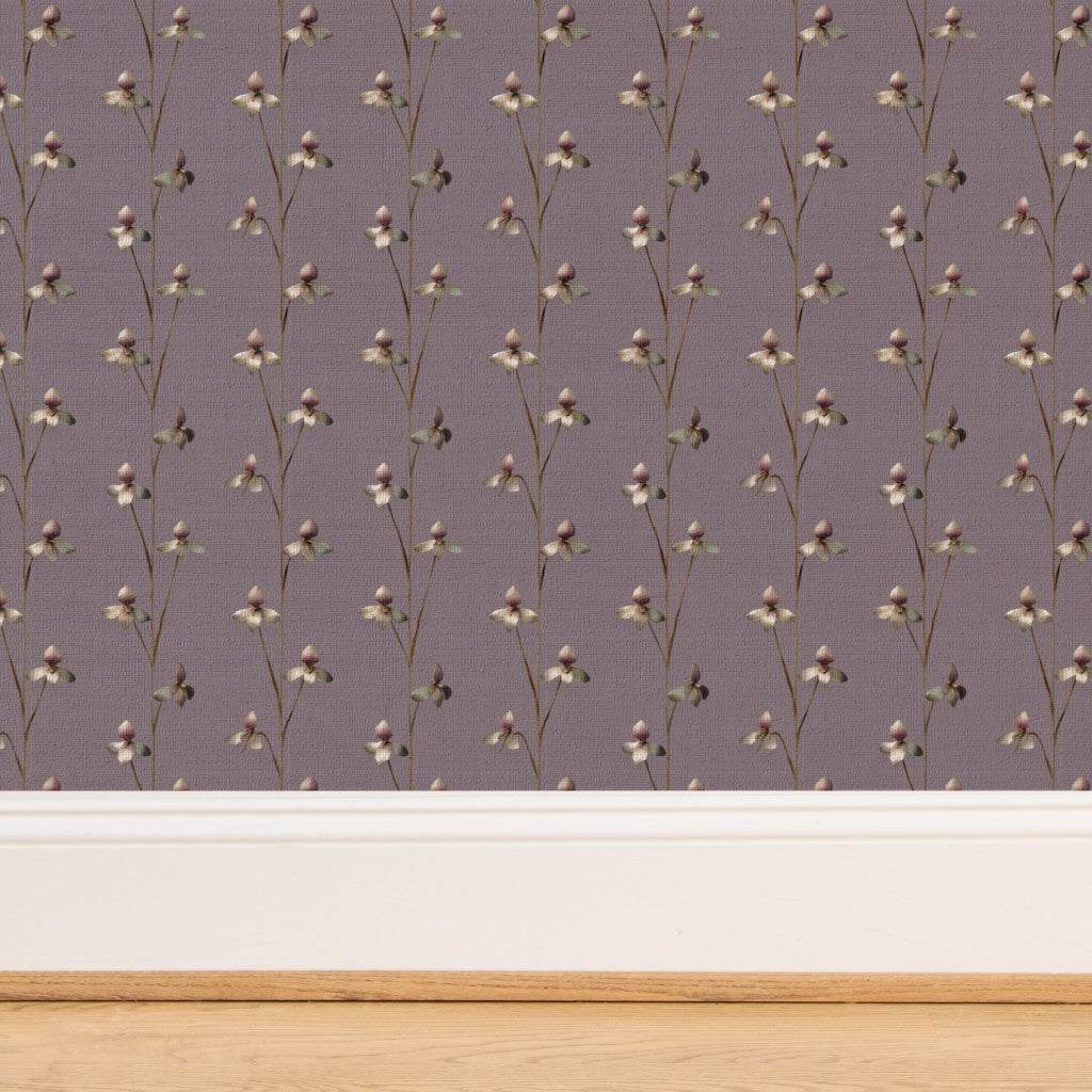 Close-up showing the organic fibers of the Twilight Bloom wallpaper on natural grasscloth.