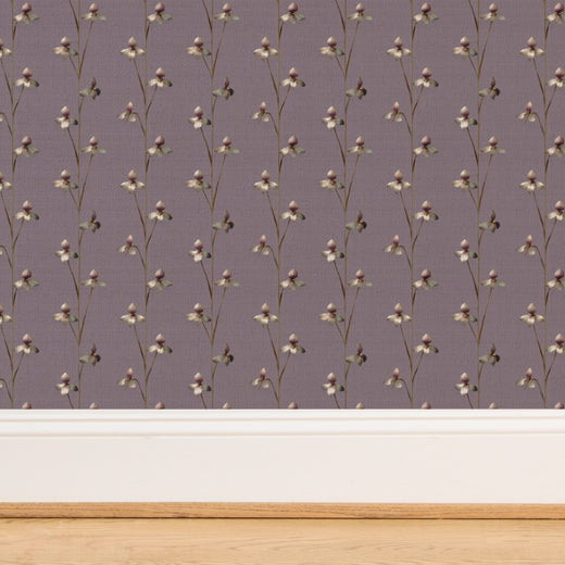 Close-up showing the organic fibers of the Twilight Bloom wallpaper on natural grasscloth.