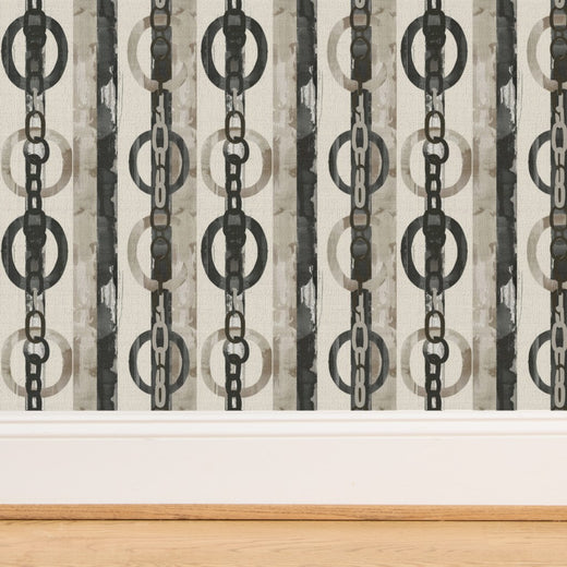 Close-up of Gilded Chainwork pattern on premium grasscloth substrate with natural fiber textures