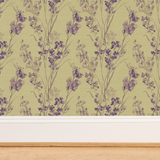 Texture detail of the Celadon botanical design printed on woven grasscloth.