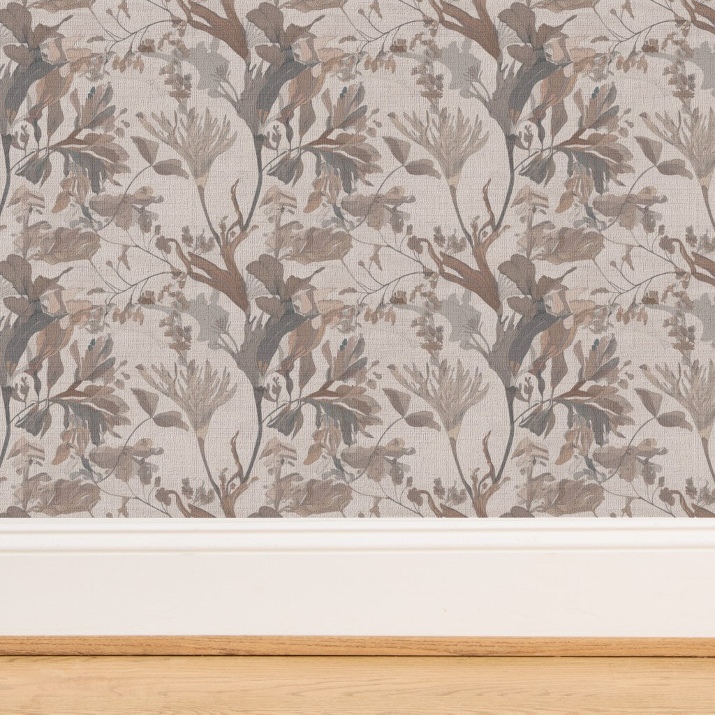 Close-up of the natural fiber texture on grasscloth seaweed wallpaper.