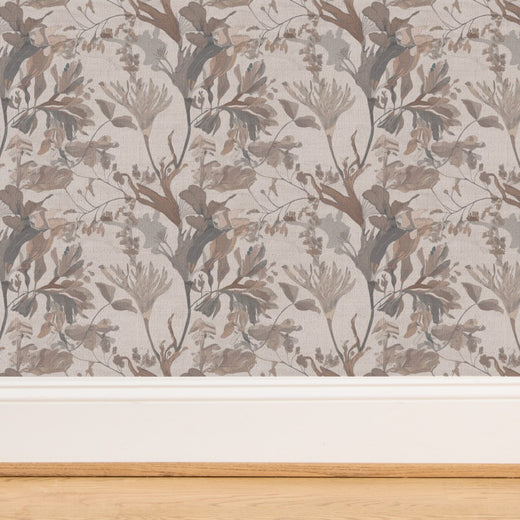 Close-up of the natural fiber texture on grasscloth seaweed wallpaper.