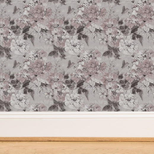 Textured weave of organic grass cloth botanical wallpaper in taupe.