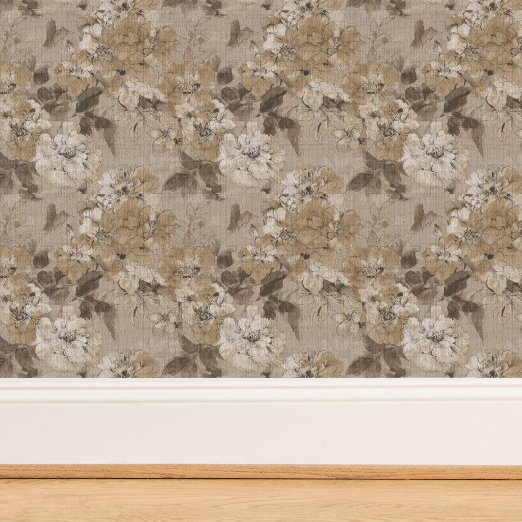 Textured weave detail of organic grass cloth botanical wallpaper in purple.