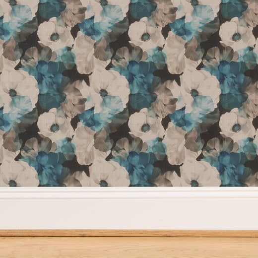 Texture closeup of Hazel Sheer Peonies wallpaper on natural grasscloth substrate.