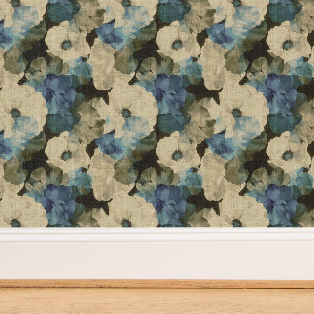 Close-up of the delicate Latte-colored peony motif printed on textured natural fibers.