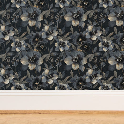 Textured detail of the natural woven grasscloth substrate for the hellebore botanical wallpaper.