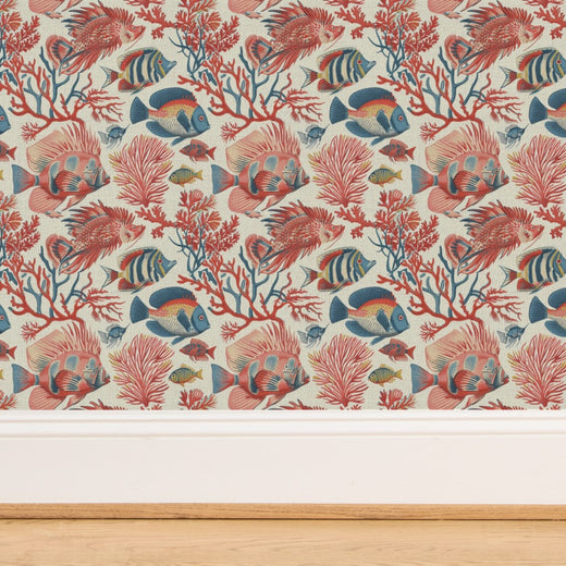 Detail view of the hand-illustrated coastal pattern on Off White grass cloth wallpaper.