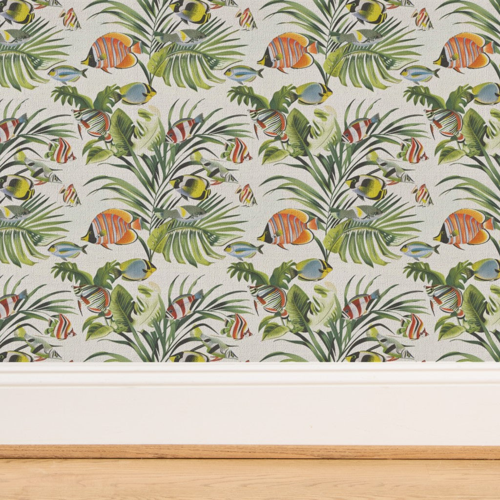 Close-up of the natural woven texture on our grasscloth aquatic design wallpaper.