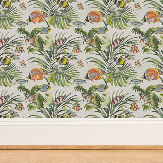 Close-up of the natural woven texture on our grasscloth aquatic design wallpaper.