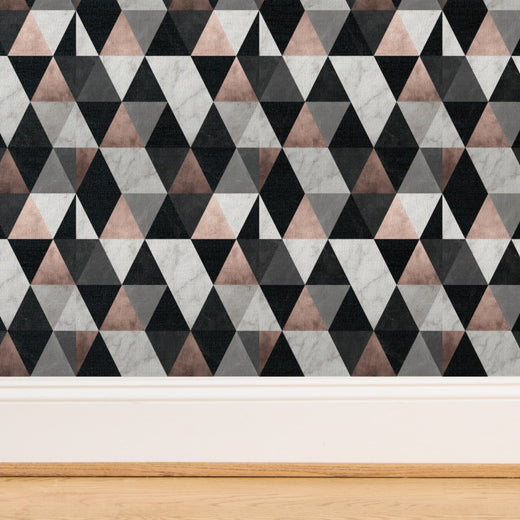Detailed view of the natural fiber texture on Rose Noir geometric mosaic grass cloth wallpaper.