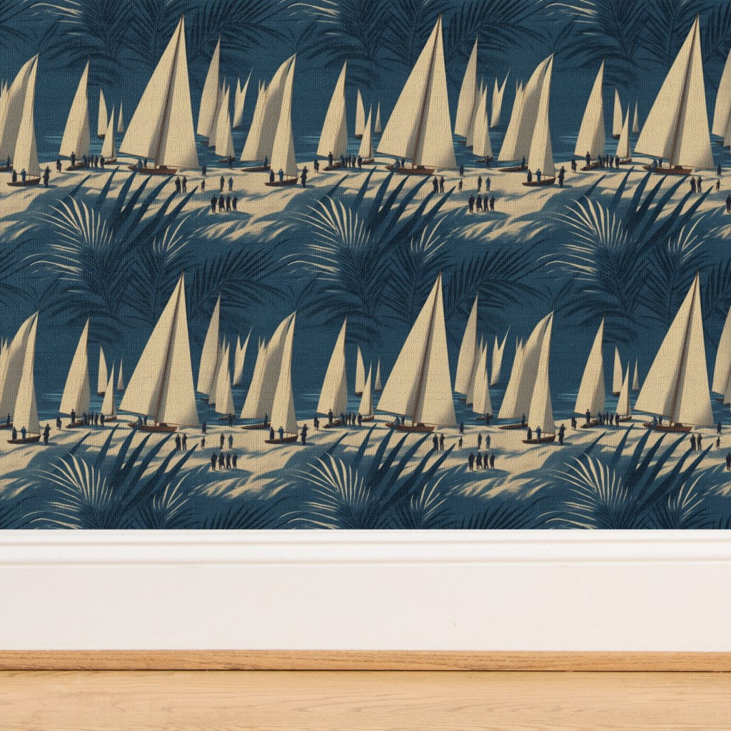 Detailed texture of wave blue sailboat pattern on organic grasscloth.