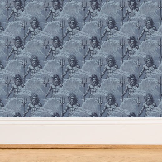 Close-up of the rich woven texture of the Aegean blue Neptune grasscloth wallpaper.