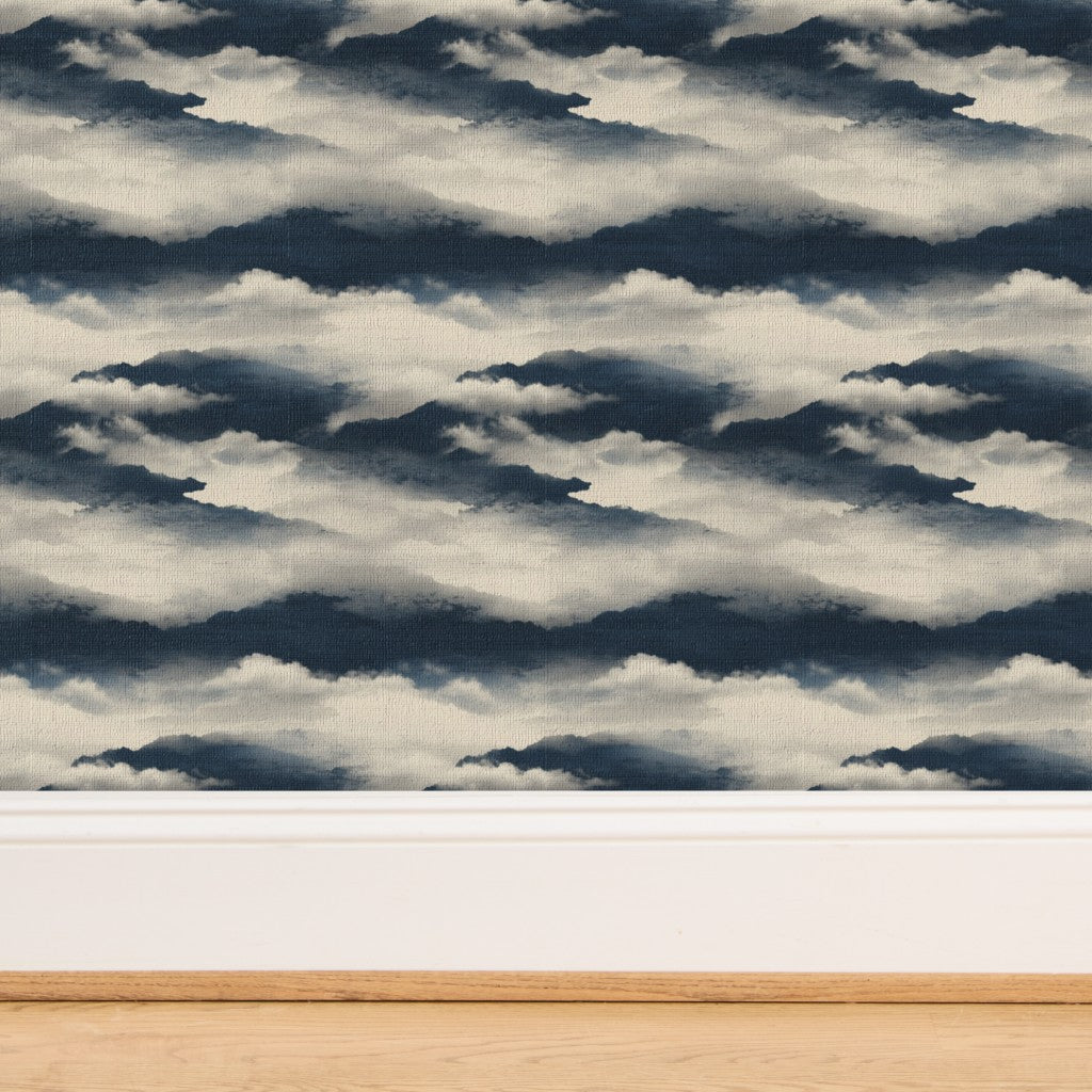 Textured weave detail of celestial cloud design on organic grass cloth paper.