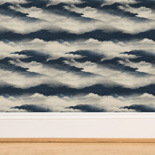 Textured weave detail of celestial cloud design on organic grass cloth paper.