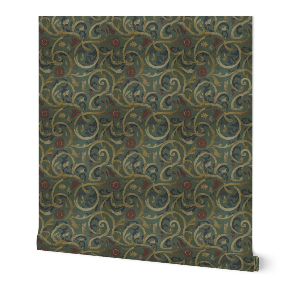 Close-up detail of 3rd Century Roman Bath Tile IV wallpaper in green on textured grasscloth.