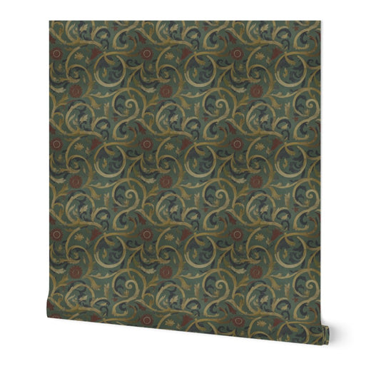 Close-up detail of 3rd Century Roman Bath Tile IV wallpaper in green on textured grasscloth.