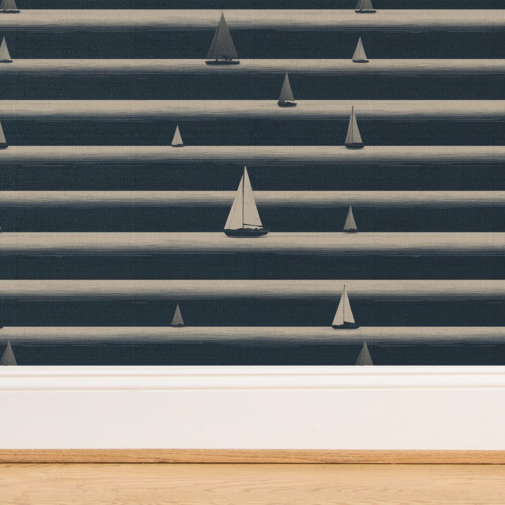 Elegant sailing stripes on textured grasscloth wallpaper.