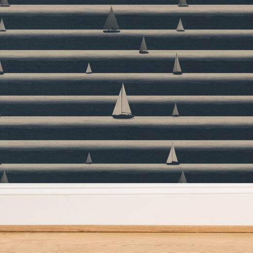 Elegant sailing stripes on textured grasscloth wallpaper.