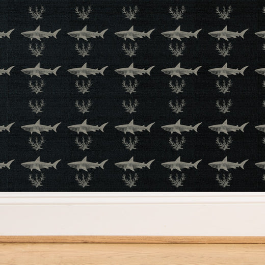 Close-up of the organic woven texture on the dark-toned grasscloth shark wallpaper.