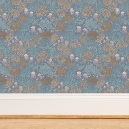 Close-up of natural woven fibers on Marina Blue grasscloth Jelly Reef wallpaper.