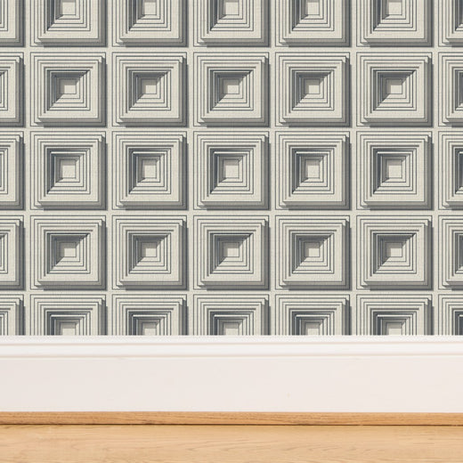 Close-up of the woven grasscloth substrate with architectural grey block print