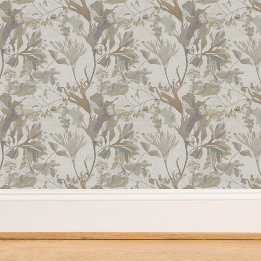 Texture details of the premium woven grasscloth botanical wallpaper.