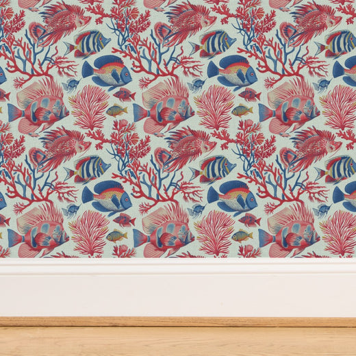 Close-up of the woven texture on the Red Fish, Blue Fish grass cloth wallpaper in Light Blue.