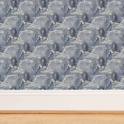 Detailed view of the woven natural grasscloth fibers on the Neptune Mist wallpaper.