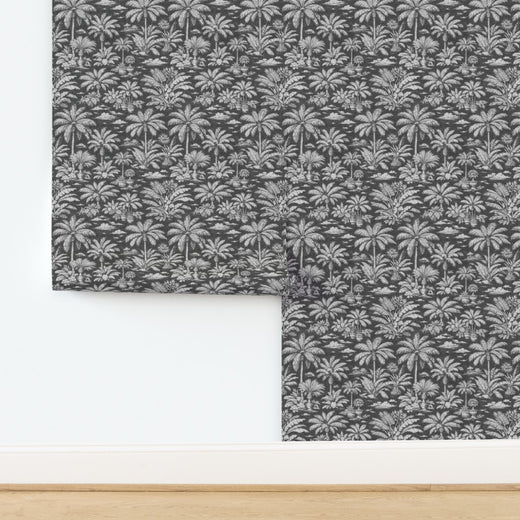 Palmy Weather Charcoal wallpaper on natural fiber grass cloth substrate.