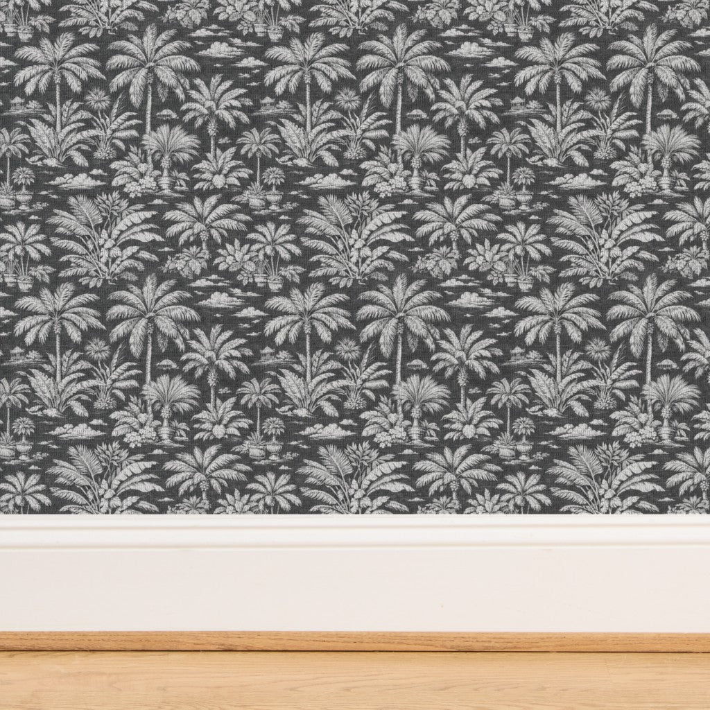 Rich woven texture detail of Charcoal grass cloth Palmy Weather wallpaper.
