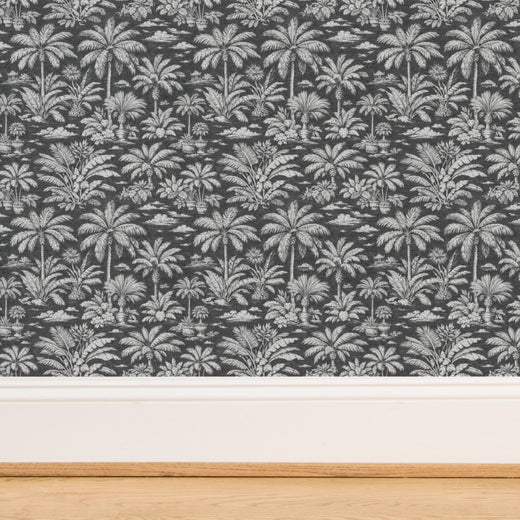 Rich woven texture detail of Charcoal grass cloth Palmy Weather wallpaper.