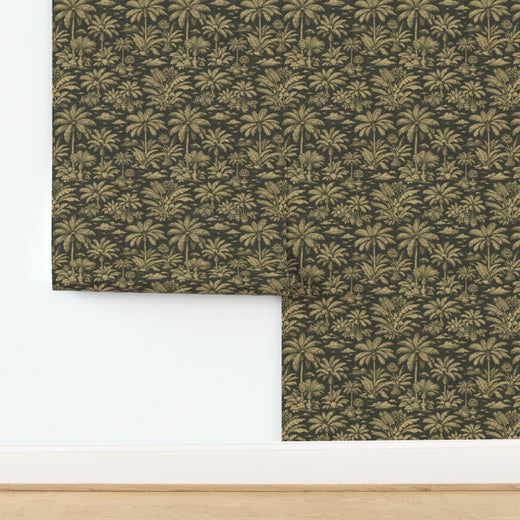 Amber tropical toile wallpaper on textured natural grass cloth substrate.