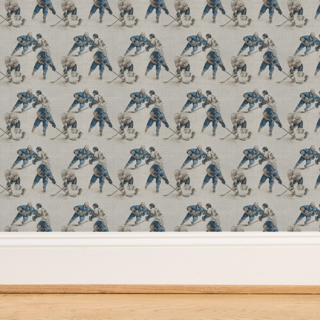 Full pattern repeat of Rinkside Heritage Illustrated Wallpaper on organic textured grasscloth backing.