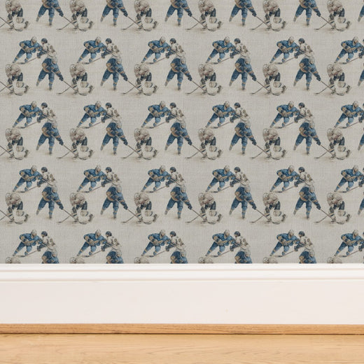 Full pattern repeat of Rinkside Heritage Illustrated Wallpaper on organic textured grasscloth backing.