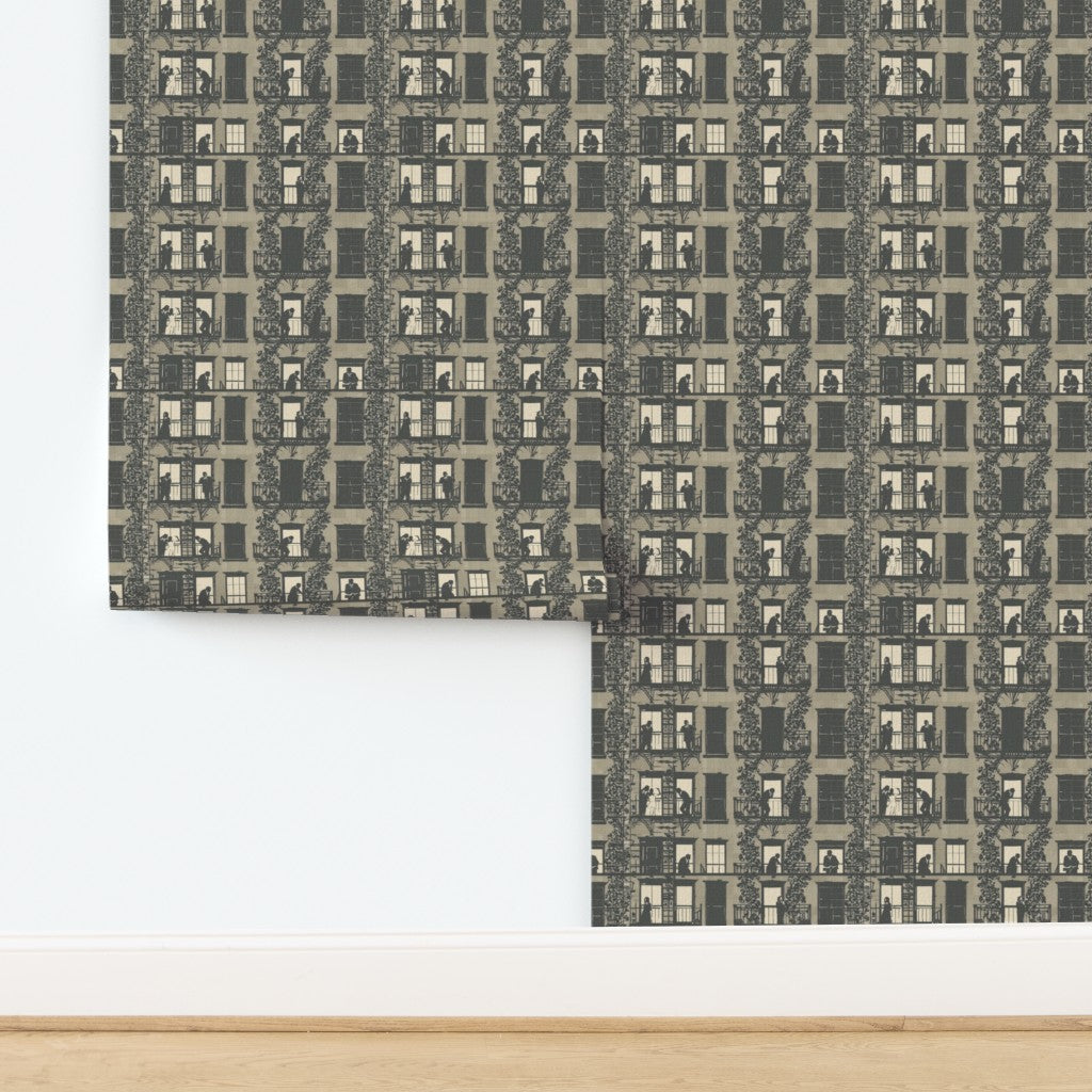 Natural grass cloth texture on the Greige colorway of Village Windows wallpaper.
