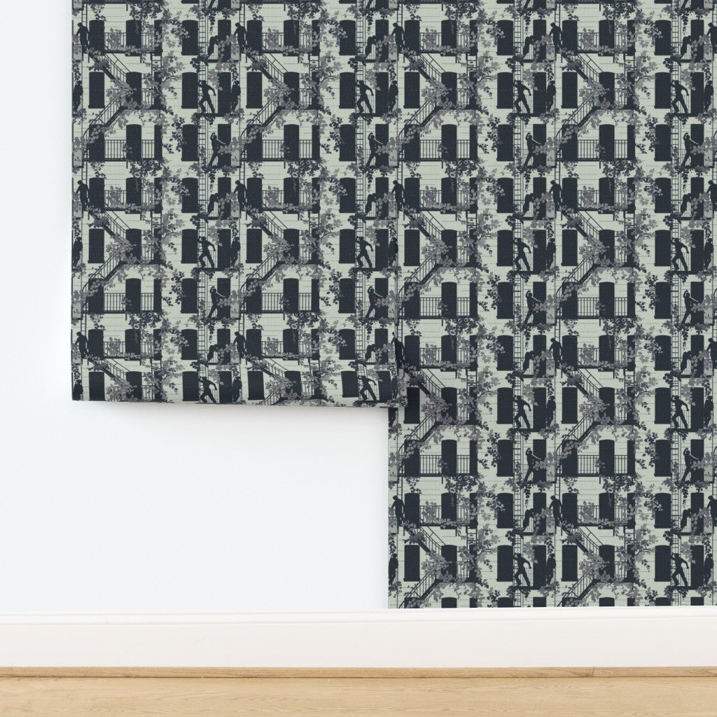 Mint colorway of the Greenwich Village narrative wallpaper on high-texture natural grass cloth.
