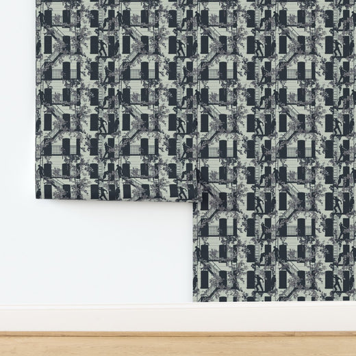 Mint colorway of the Greenwich Village narrative wallpaper on high-texture natural grass cloth.