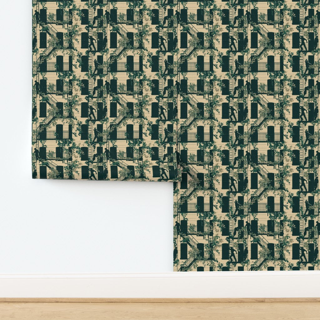 Cream colorway of Greenwich Village wallpaper printed on textured natural grass cloth.