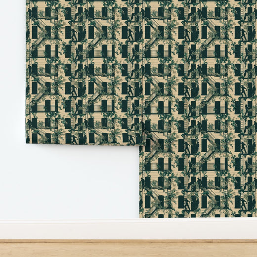 Cream colorway of Greenwich Village wallpaper printed on textured natural grass cloth.