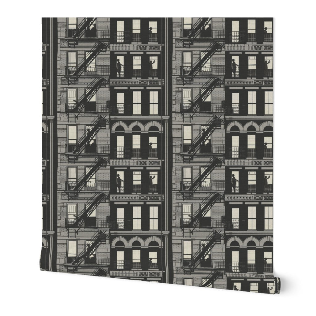 Close-up view of the artistic city motif on grasscloth in the Arctic colorway