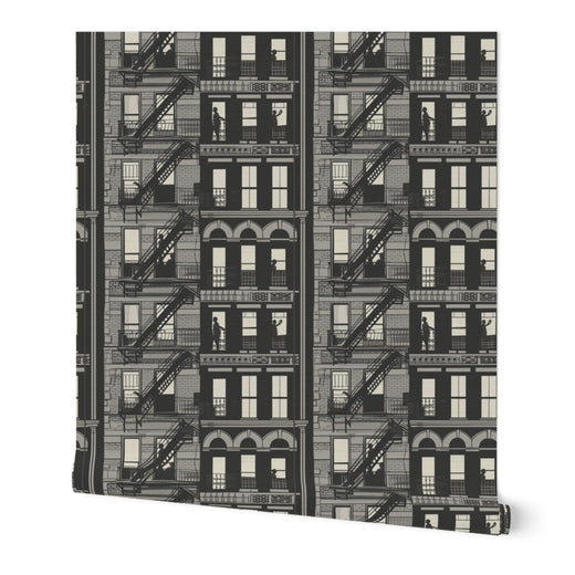 Close-up view of the artistic city motif on grasscloth in the Arctic colorway