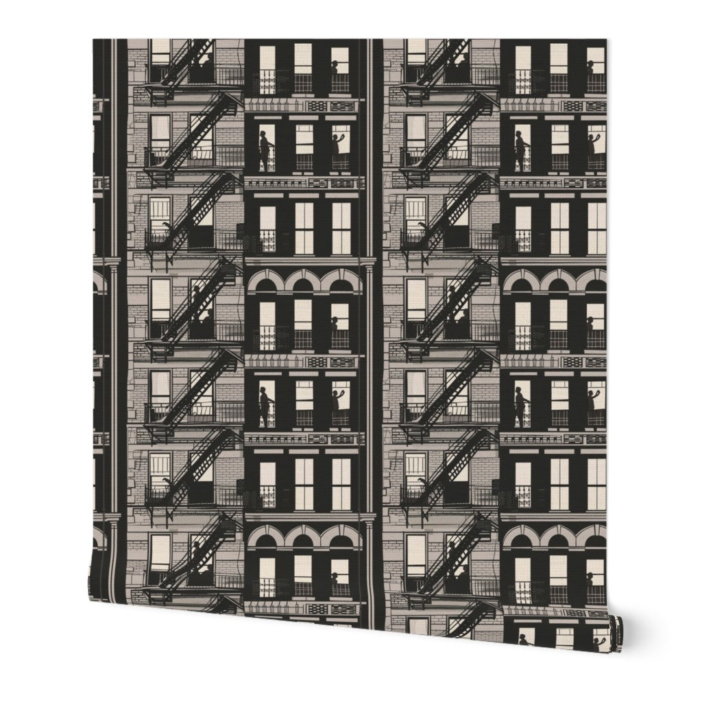 Detail of the cityscape wallpaper motif on grasscloth in a soft neutral colorway