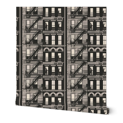 Detail of the cityscape wallpaper motif on grasscloth in a soft neutral colorway