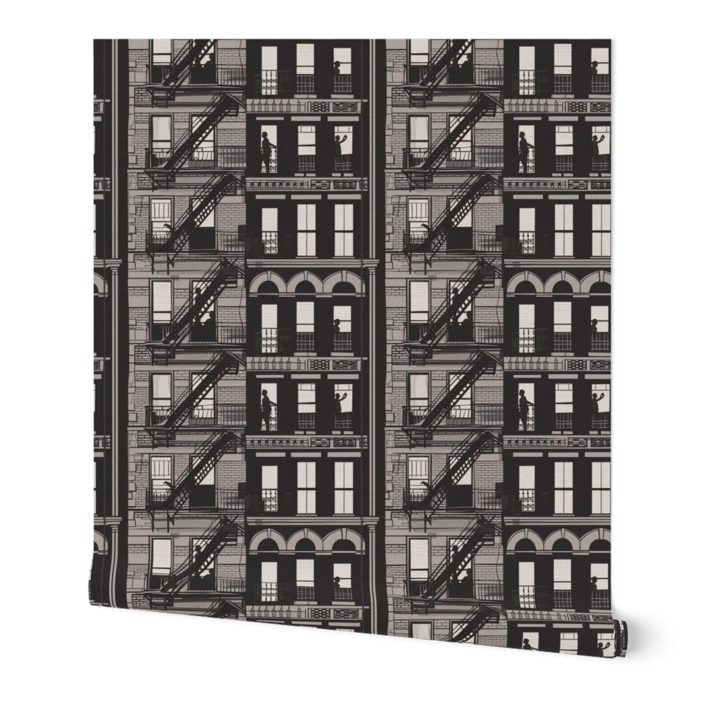 Richly textured grasscloth wallpaper featuring abstract rooftop and water tower shapes