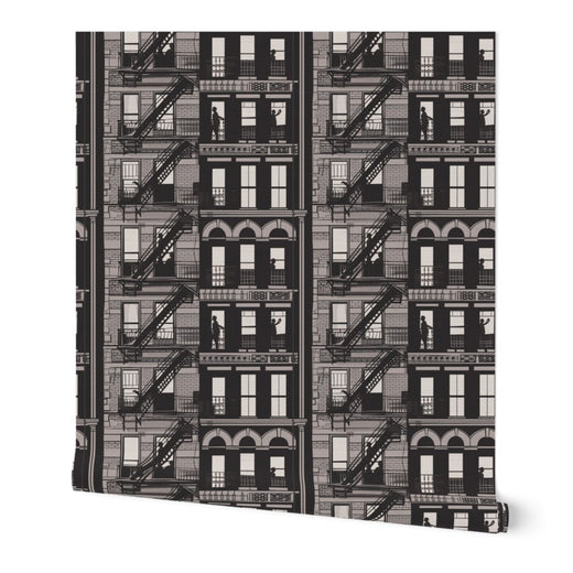 Richly textured grasscloth wallpaper featuring abstract rooftop and water tower shapes