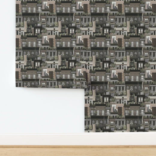 West Village Rooftops wallpaper in Earth tones on premium grass cloth.