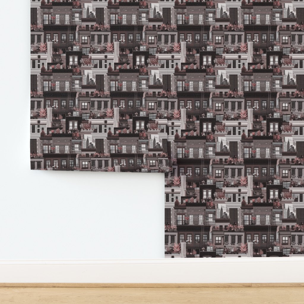 West Village Rooftops wallpaper in Oxblood on premium grass cloth texture.