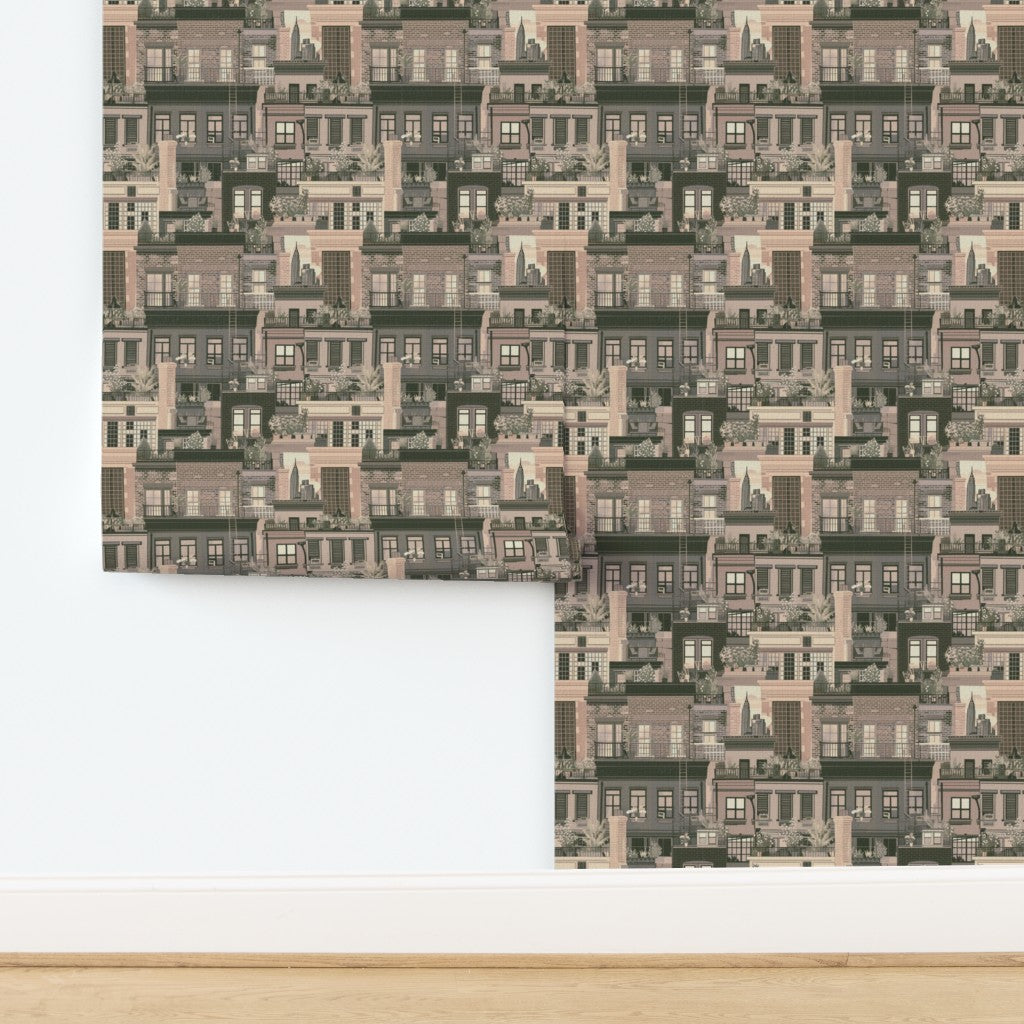 West Village Rooftops wallpaper in Beige on premium grass cloth texture substrate.