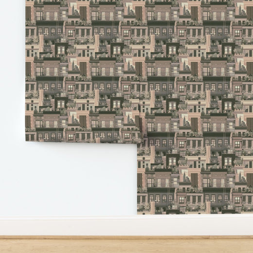 West Village Rooftops wallpaper in Beige on premium grass cloth texture substrate.